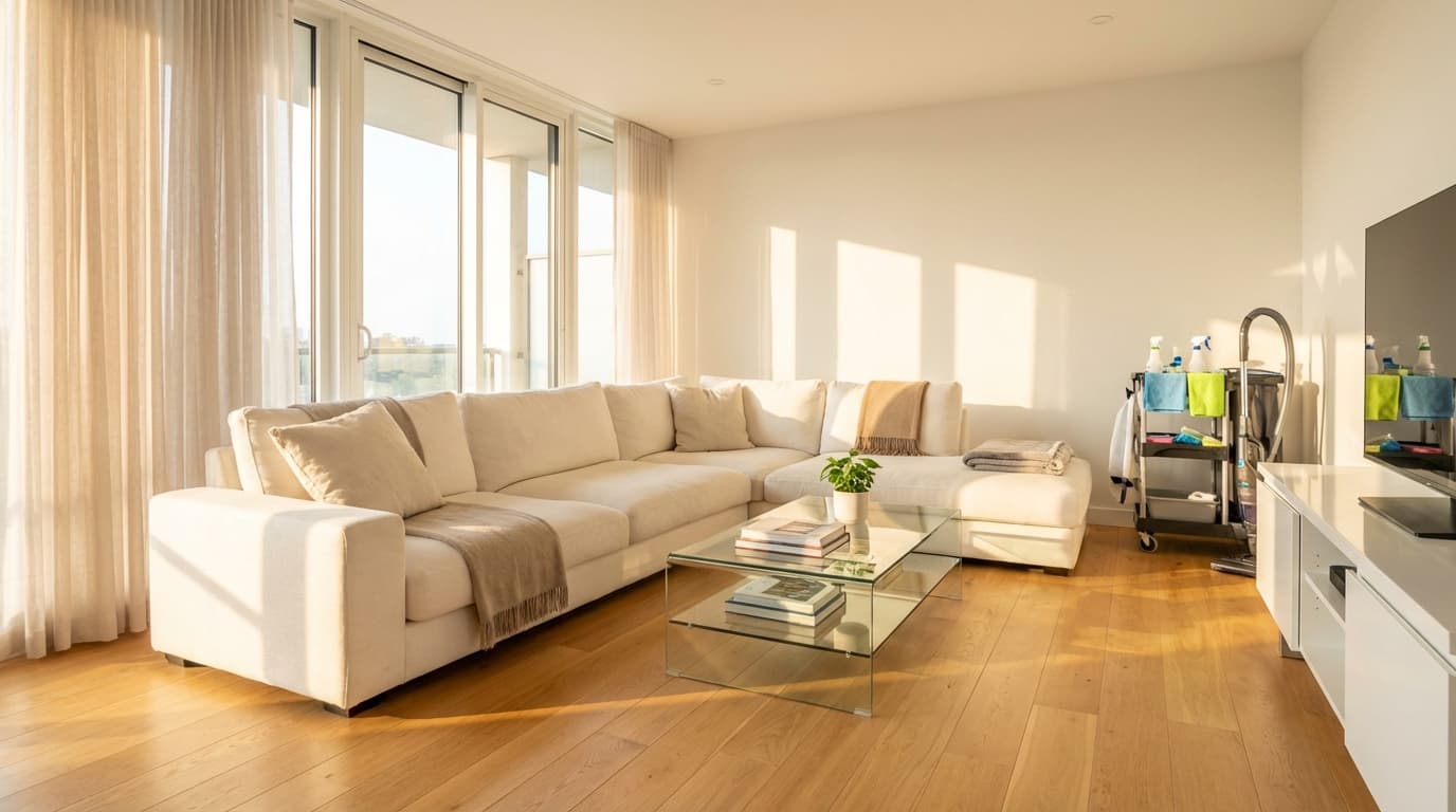 Bright, modern living room with gleaming hardwood floors and sunlight streaming through large windows